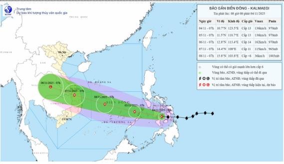 Cảnh báo Bão Kalmaegi cấp 14 ảnh hưởng lớn đến khu vực Biển Đông và đất liền các tỉnh từ Quảng Ngãi đến Đắk Lắk